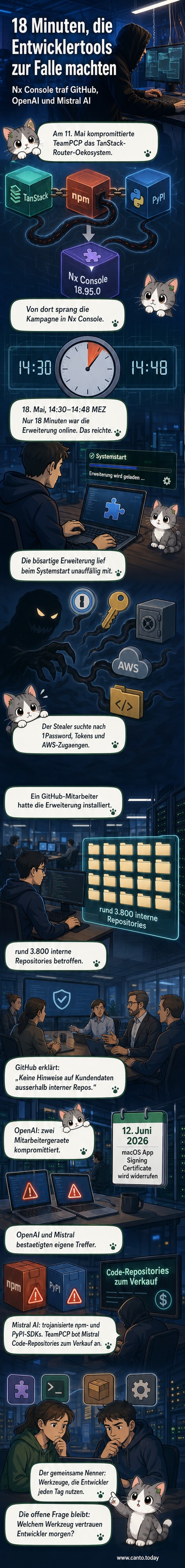 Ein Hacker mit Kapuze steht vor einer Reihe von Computern, auf deren Bildschirmen sich fehlerhafter Code und Warnsymbole ausbreiten. Im Hintergrund sind Logos von GitHub, OpenAI und Mistral AI zu sehen, die von roten Warnlinien durchzogen sind.