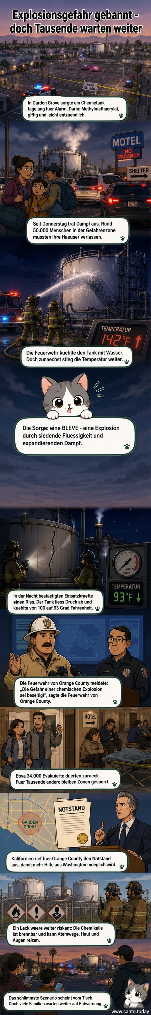 Feuerwehrleute kühlen einen Chemietank mit Wasser, während Rauch über dem Gelände in Garden Grove, Kalifornien, sichtbar ist.