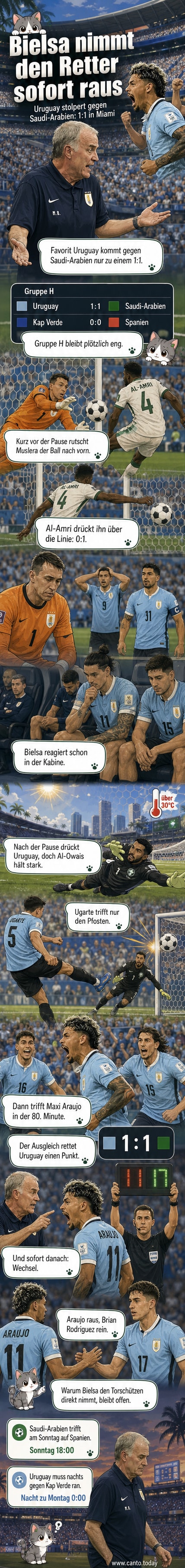 Uruguay-Trainer Marcelo Bielsa gestikuliert am Spielfeldrand, während sein Team gegen Saudi-Arabien spielt.
