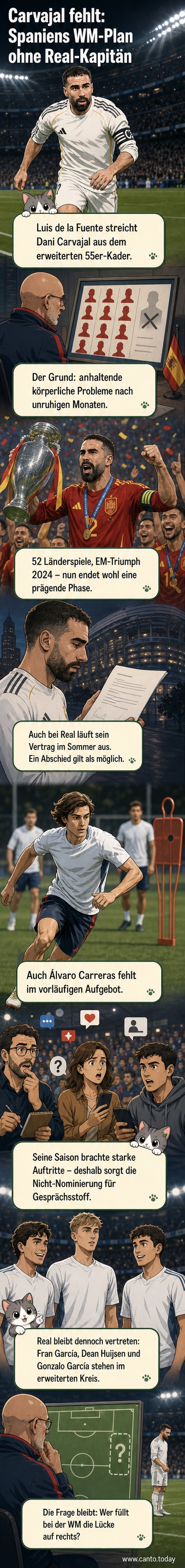 Fußballspieler im spanischen Trikot stehen nebeneinander, einer verlässt das Spielfeld, während ein junger Spieler auf das Feld blickt – symbolisch für den Generationswechsel in der spanischen Nationalmannschaft.