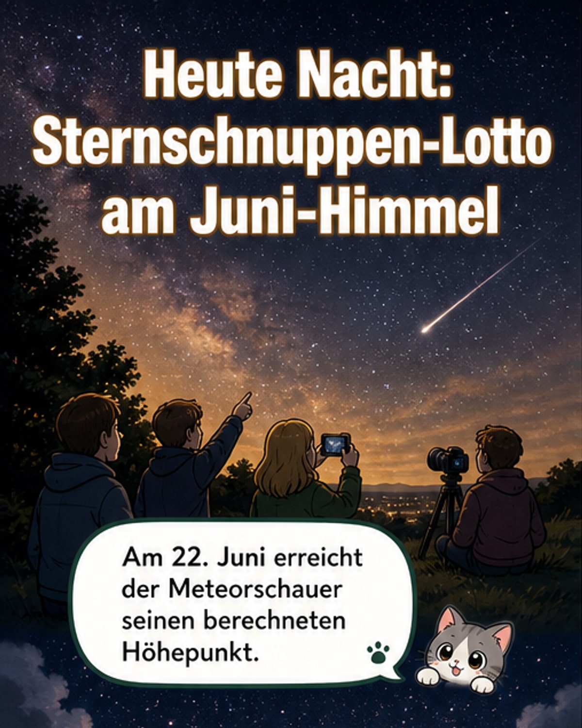Dunkler Nachthimmel über einer bewaldeten Landschaft, mehrere helle Lichtspuren von Sternschnuppen ziehen diagonal durch das Sternenfeld, unten rechts der abnehmende Mond kurz vor dem Untergehen.