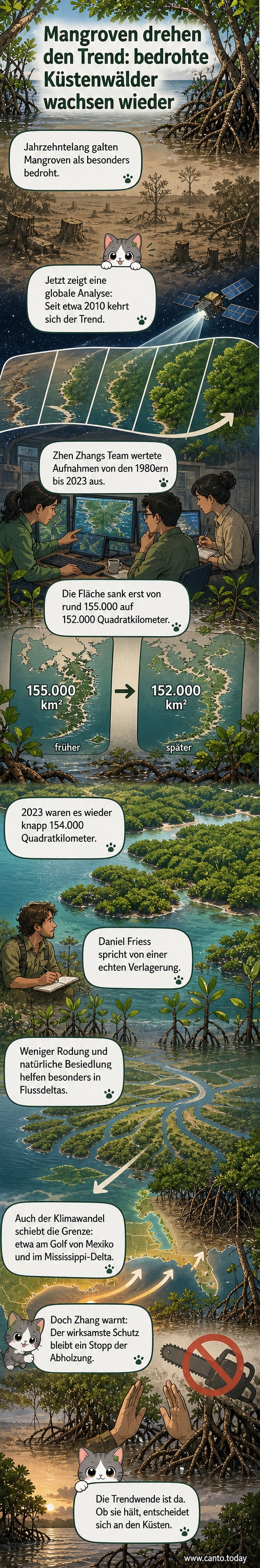 Dichter Mangrovenwald an einer tropischen Küste mit Wurzeln im flachen Wasser, grünes Laubdach im Sonnenlicht.