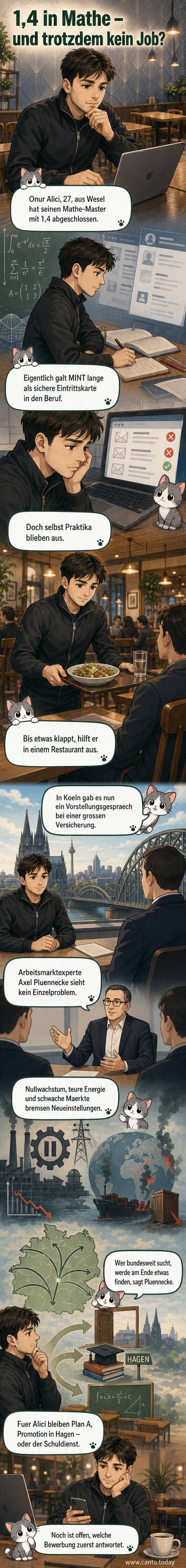 Ein junger Mann im Gespräch, im Hintergrund ein Restaurant – Absolvent mit Mathe-Diplom sucht vergeblich einen Job.