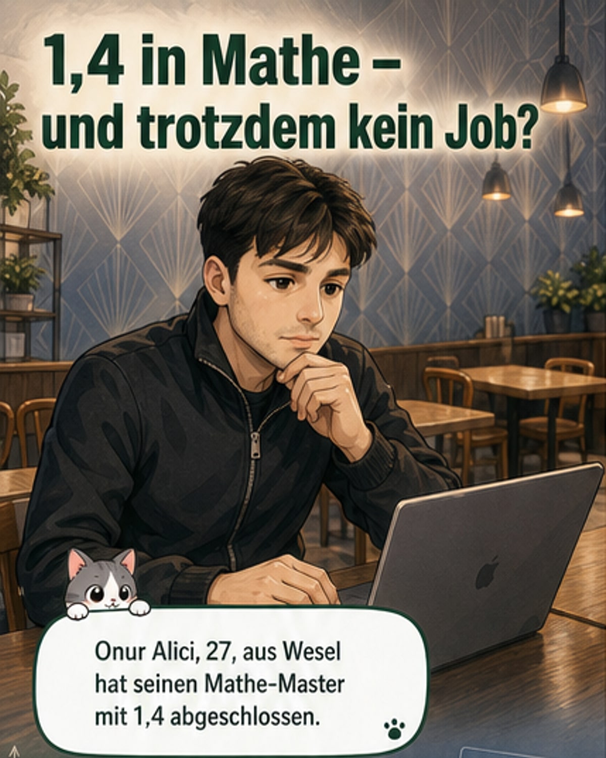 Ein junger Mann im Gespräch, im Hintergrund ein Restaurant – Absolvent mit Mathe-Diplom sucht vergeblich einen Job.