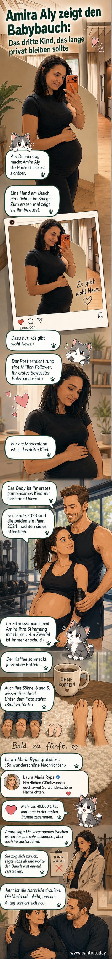 Amira Aly posiert vor dem Spiegel in sportlicher Kleidung und legt schützend die Hand auf ihren sichtbaren Babybauch.