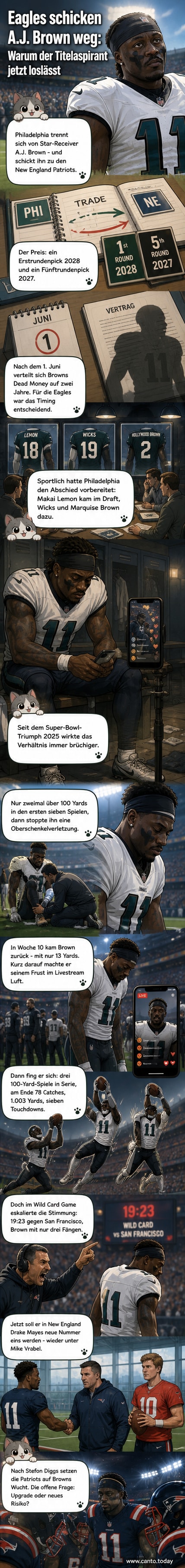 A.J. Brown in Patriots-Trikot während eines Spiels, im Hintergrund jubelnde Fans und Stadionbeleuchtung