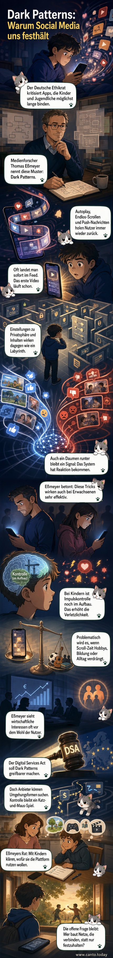 Illustration eines Smartphones mit endlosem Feed, umgeben von unsichtbaren Fäden, die auf Dark Patterns hinweisen.