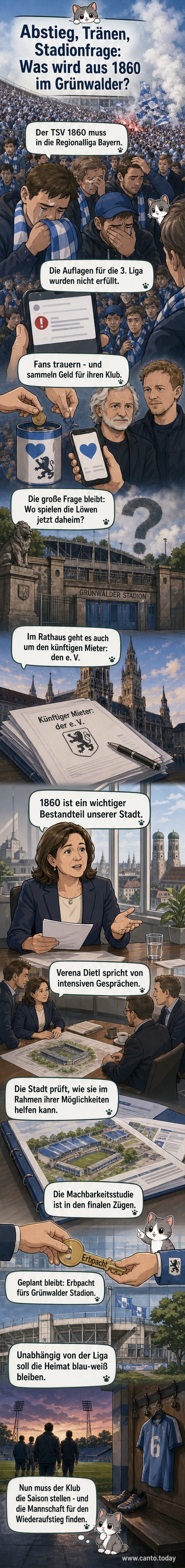 Das Grünwalder Stadion unter strahlendem Himmel, umgeben von grünen Bäumen, mit blau-weißen Fahnen der TSV 1860-Fans im Vordergrund.