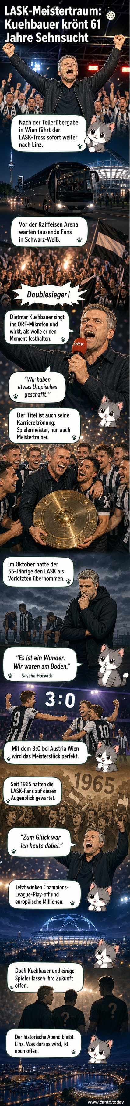 Dietmar Kühbauer feiert mit der Meistermannschaft des LASK auf der Bühne in Linz, Fans jubeln im Hintergrund.