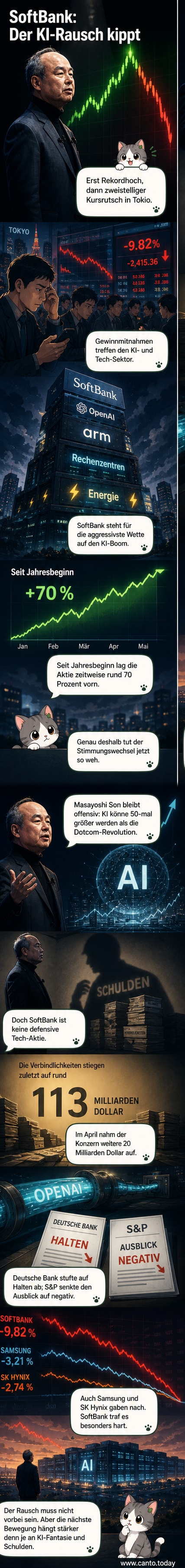 Aktienkurs von Softbank stürzt ab, während Masayoshi Son im Hintergrund KI-Projekte vorstellt.