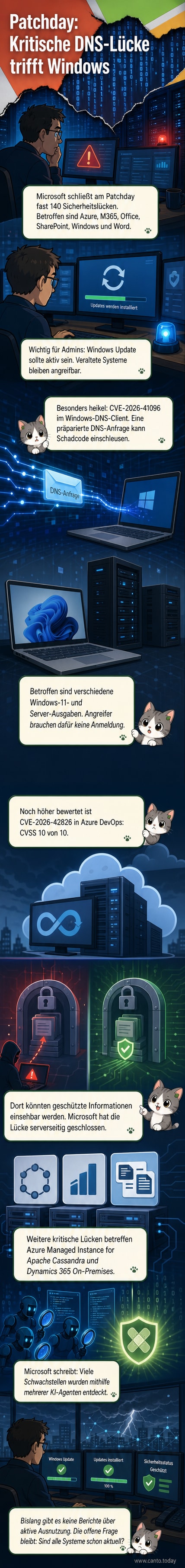Illustration eines Windows-Rechners, der eine gefährliche DNS-Anfrage empfängt, während ein Schild 'Update erforderlich' leuchtet.