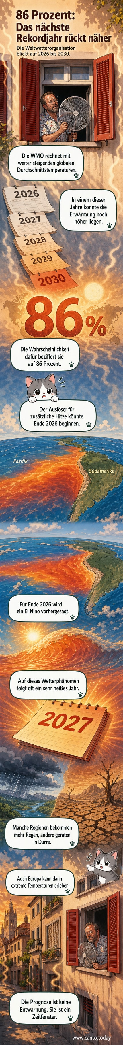 Weltkarte mit Temperaturanomalien und Hinweisen auf El Niño im Pazifik, begleitet von Symbolen für Dürre und Starkregen in betroffenen Regionen.