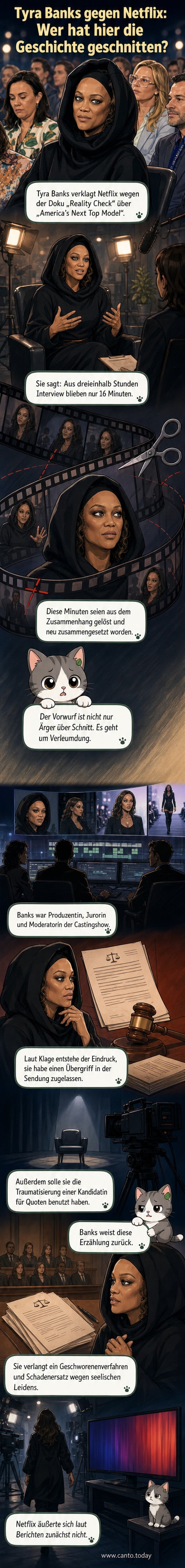 Tyra Banks im Profil, daneben ein Filmprojektor mit zerrissenen Filmbildern, die eine verzerrte Darstellung ihrer Person zeigen.