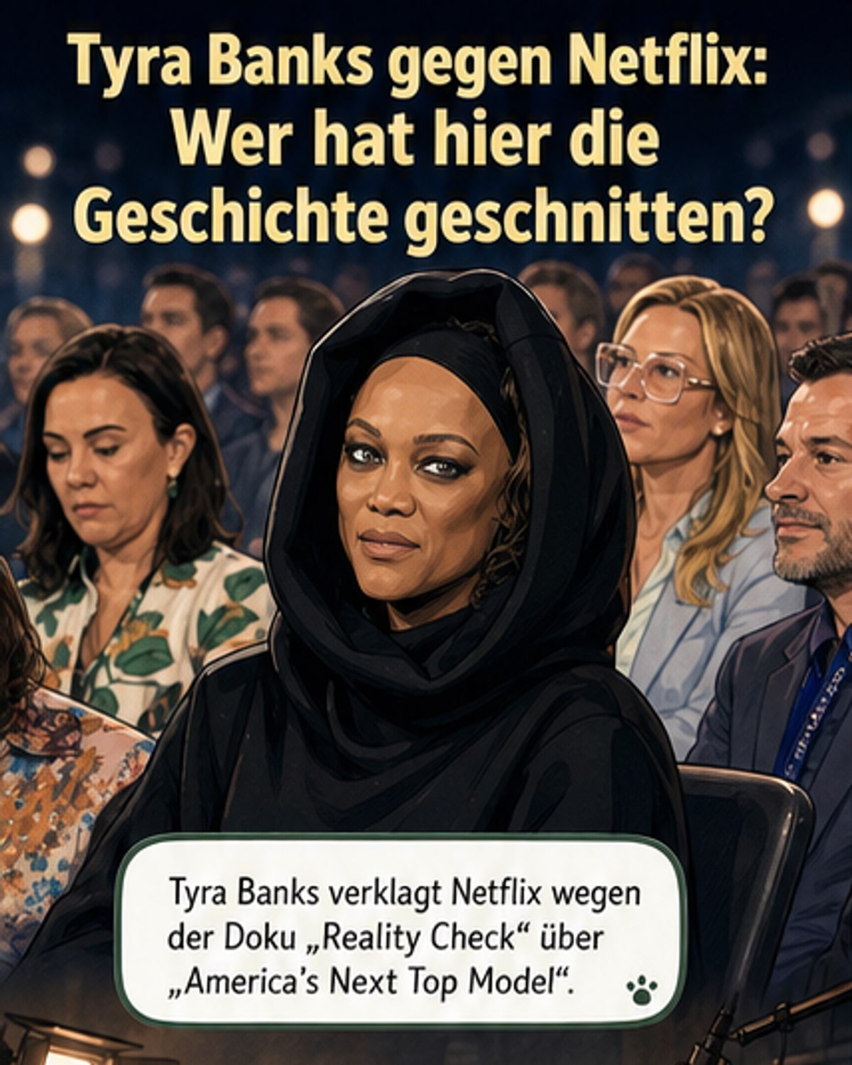 Tyra Banks im Profil, daneben ein Filmprojektor mit zerrissenen Filmbildern, die eine verzerrte Darstellung ihrer Person zeigen.