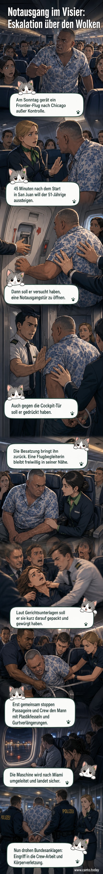 Illustration eines Flugzeugs mit aufgeregten Passagieren, während ein Mann an einer Notausgangstür zieht, Crew und Reisende reagieren.