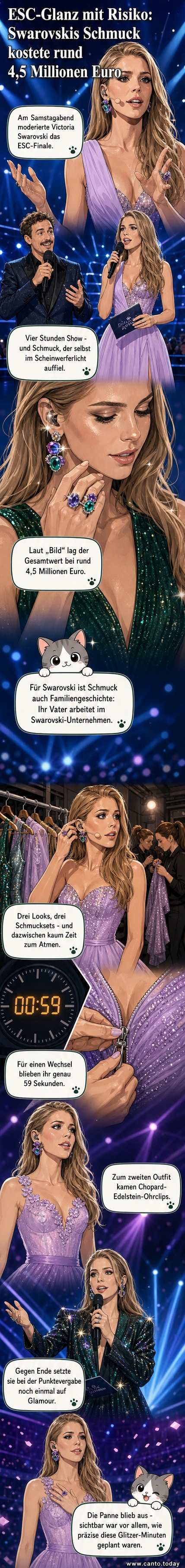 Victoria Swarovski im Glitzerkleid mit auffälligem Schmuck während der Moderation des Eurovision Song Contest 2026.