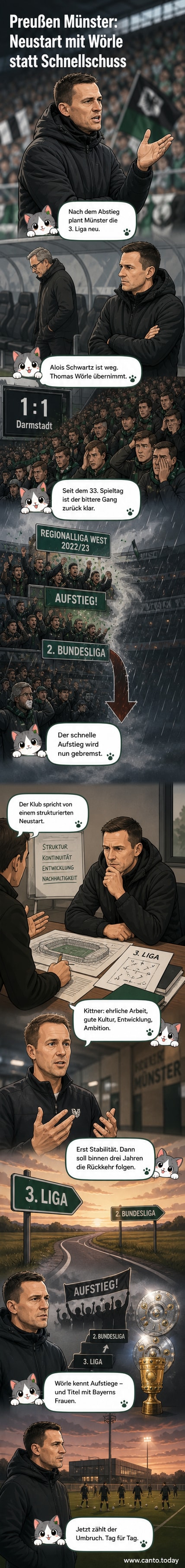 Fußballtrainer Thomas Wörle steht auf dem Rasen des Preußenstadions, im Hintergrund Fans und die Baustelle des neuen Stadionabschnitts.
