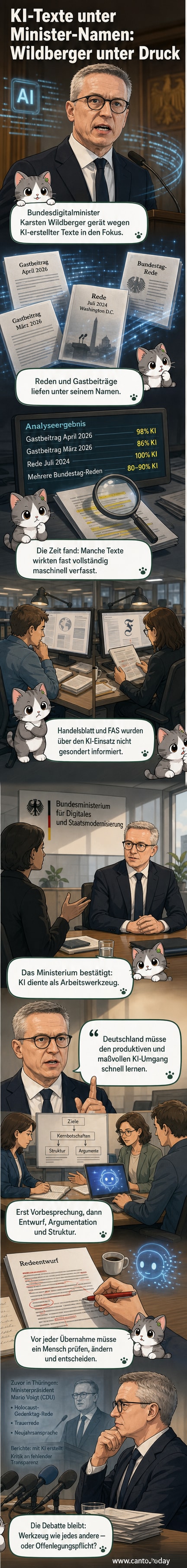Abstrakte Darstellung eines Politikers, der vor einem Hintergrund aus fließenden digitalen Daten und KI-Symbolen spricht. Ein Mikrofon steht vor ihm, während Textfragmente aus Binärcode und menschlicher Handschrift sich mischen.
