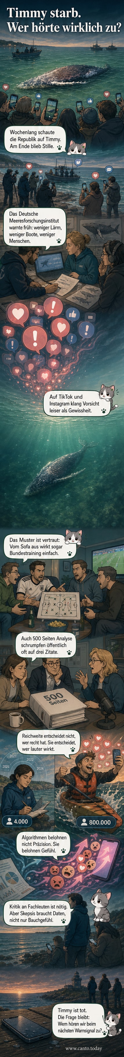 Ein trauriges Szenenbild: Ein Buckelwal schwimmt einsam in trübem Wasser, über ihm schweben Symbole für soziale Medien, Warnhinweise und wissenschaftliche Geräte, die ignoriert werden.