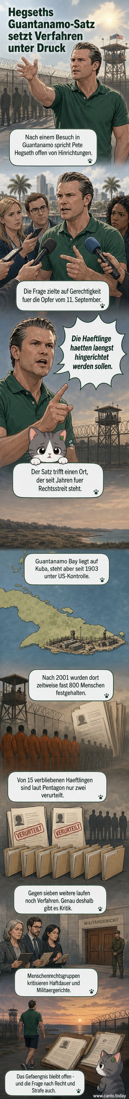 Illustration eines US-Verteidigungsministers, der vor Mikrofonen in Florida spricht, während im Hintergrund das Gefangenenlager Guantánamo Bay schematisch dargestellt ist.