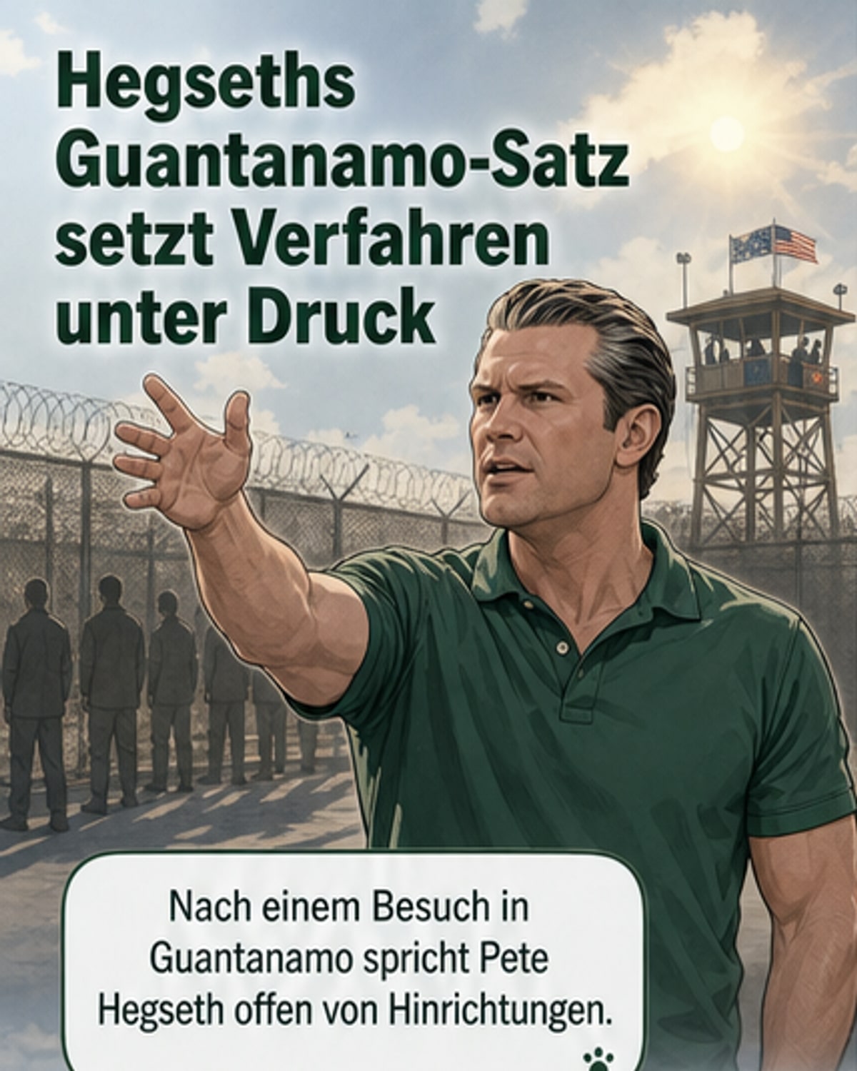 Illustration eines US-Verteidigungsministers, der vor Mikrofonen in Florida spricht, während im Hintergrund das Gefangenenlager Guantánamo Bay schematisch dargestellt ist.