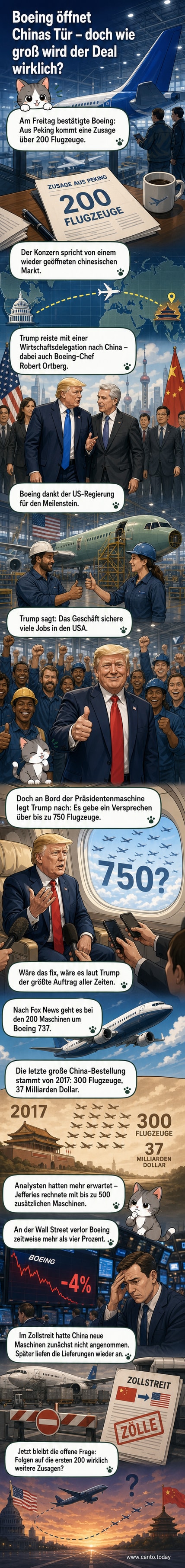 Illustration eines Boeing 737 über einer chinesischen Stadt mit Händeschlag im Vordergrund, symbolisierend den neuen Großauftrag zwischen Boeing und China.