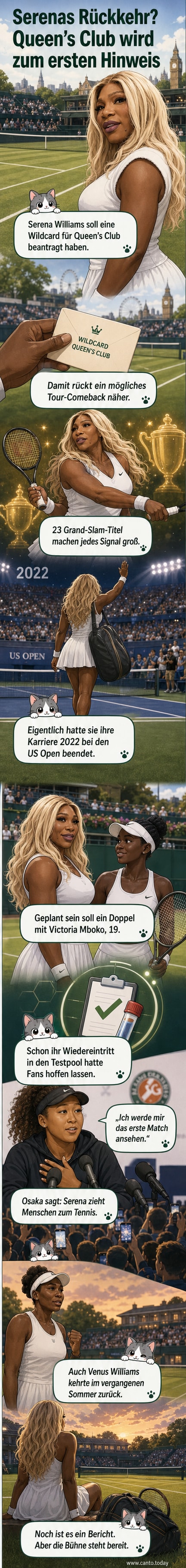 Serena Williams in Sportkleidung auf einem Tennisplatz, Blick in Richtung Netz, im Hintergrund Zuschauertribünen.