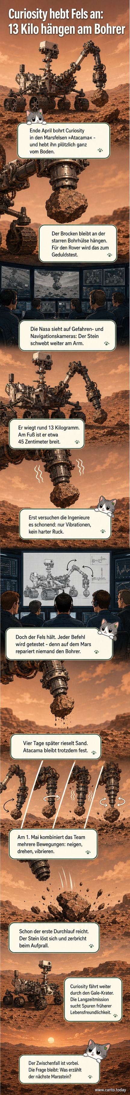 Ein schematischer Mars-Rover mit ausgestrecktem Arm, an dessen Bohrer ein großer Felsbrocken hängt, während im Hintergrund der rote Himmel des Mars zu sehen ist.