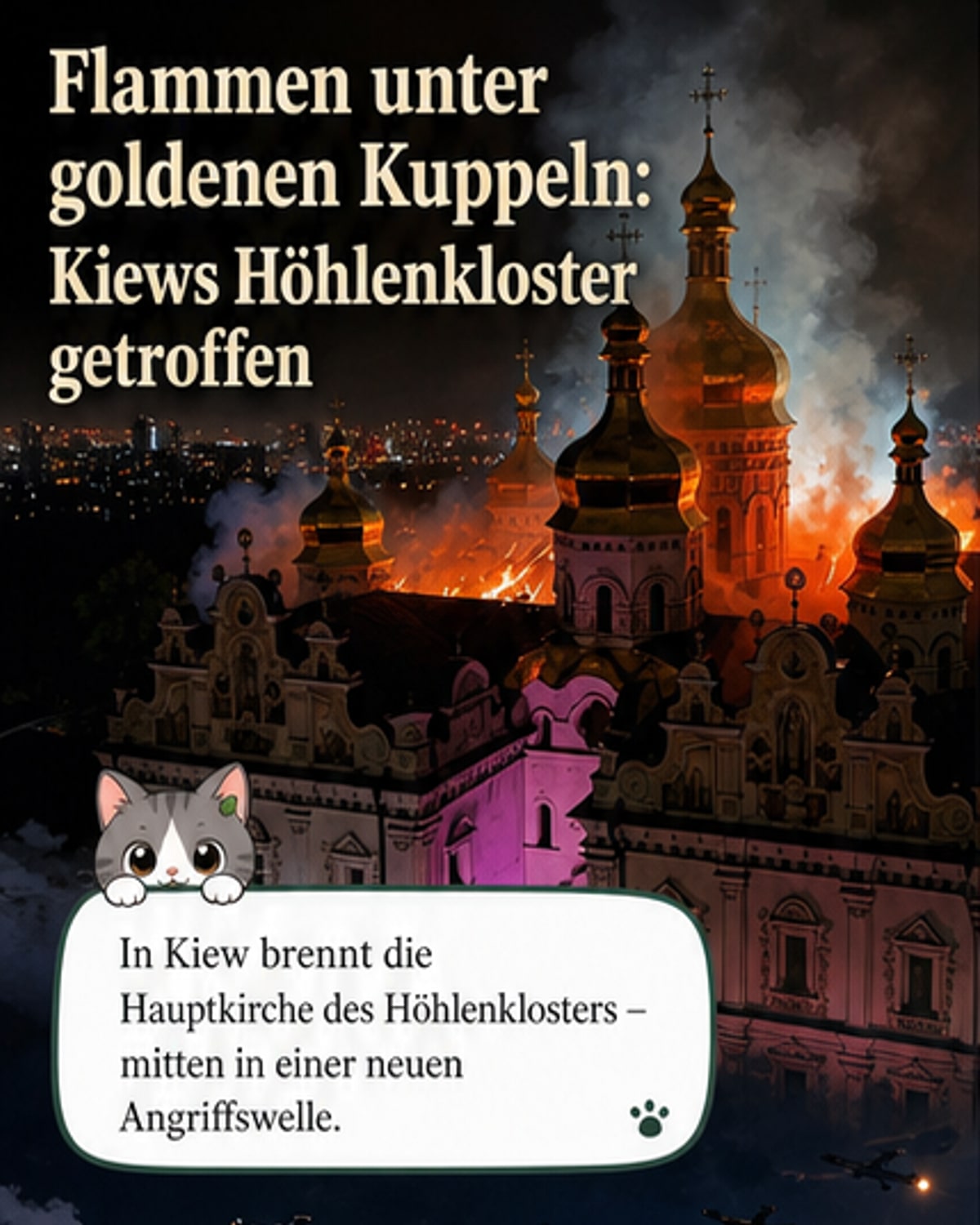 Brennende Kathedrale mit goldenen Kuppeln im Kiewer Höhlenkloster, Rauch steigt auf, Feuerwehr im Einsatz