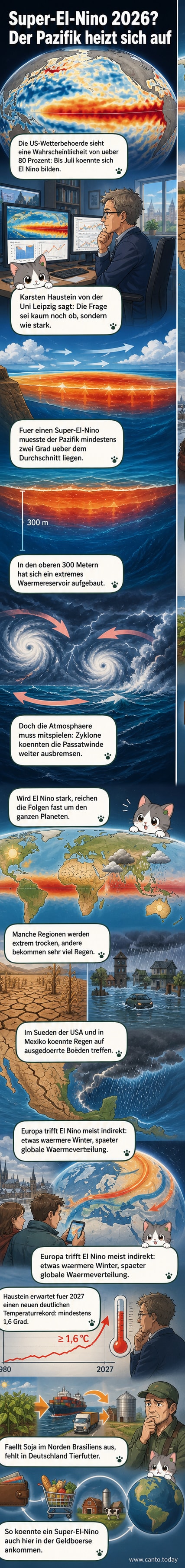Illustration eines sich erwärmenden Pazifiks mit Darstellung der Passatwinde, die sich abschwächen, und globale Wetterfolgen wie Dürren und Stürme