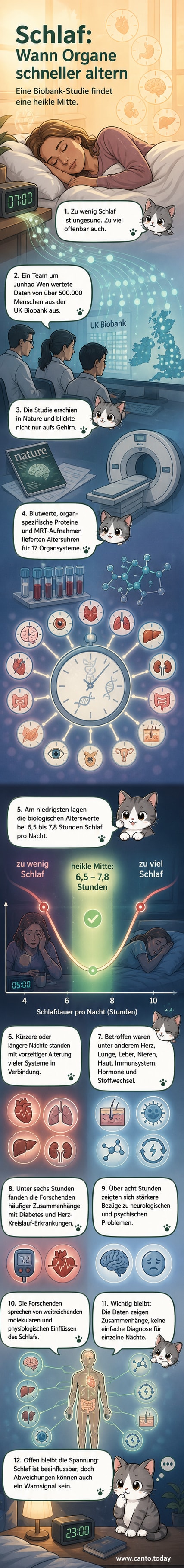 Ein abstraktes Bild einer schlafenden Person mit durchsichtigen Organen, überlagert von digitalen Alterungsanzeigen und einer Uhr, die die optimale Schlafdauer zwischen 6,5 und 7,8 Stunden markiert.