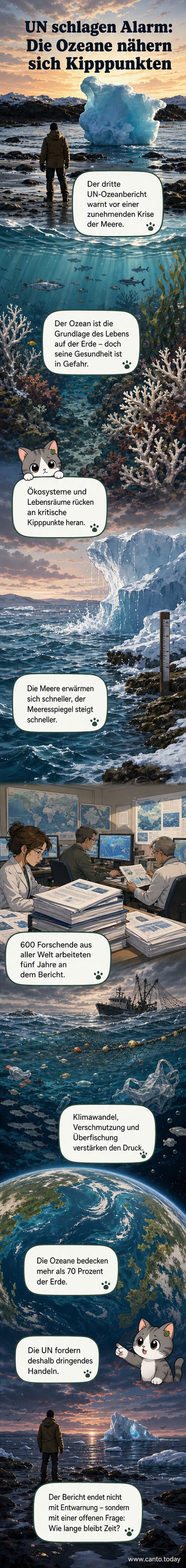 Abstrakte Darstellung eines gestressten Ozeans mit steigendem Temperaturgraph, schmelzenden Polen und gefährdeten Meereslebewesen.