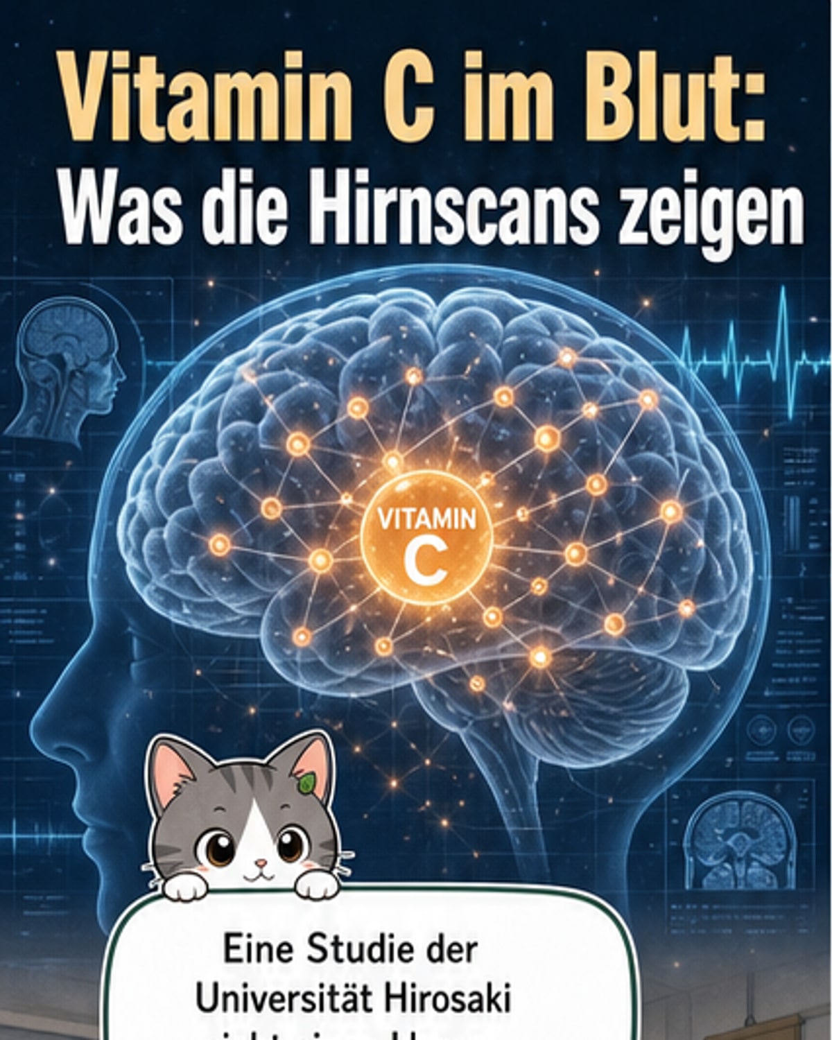 Illustration eines Gehirns mit farblich hervorgehobener grauer Substanz und einem Vitamin-C-Molekül im Blutstrom.