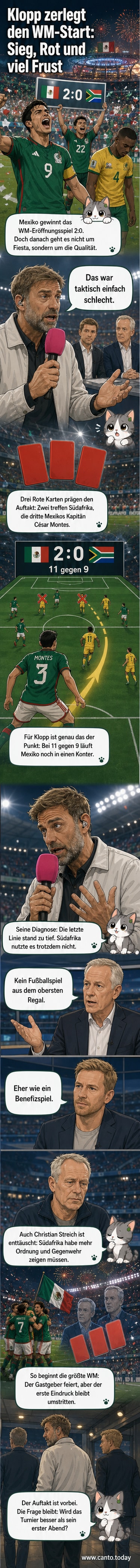 Illustration von Jürgen Klopp, der kritisch auf ein WM-Spiel mit vielen roten Karten blickt, während Spieler auf dem Platz in Aktion sind.