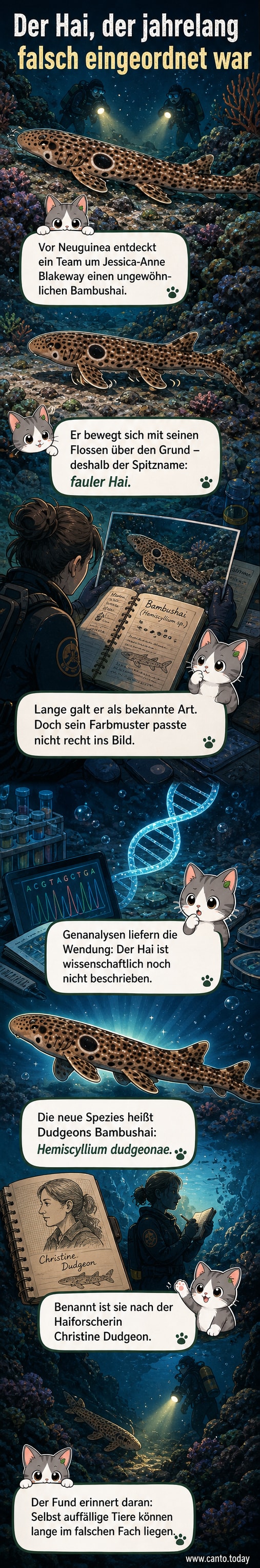 Ein schmaler, gestreifter Hai bewegt sich auf seinen Flossen über den Meeresboden, während er von Forschern unter Wasser beobachtet wird.