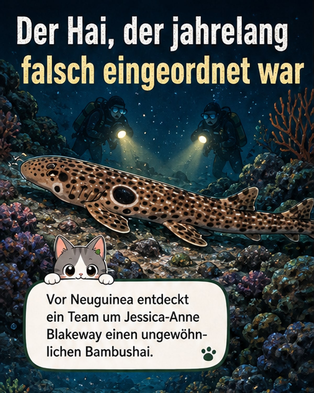 Ein schmaler, gestreifter Hai bewegt sich auf seinen Flossen über den Meeresboden, während er von Forschern unter Wasser beobachtet wird.