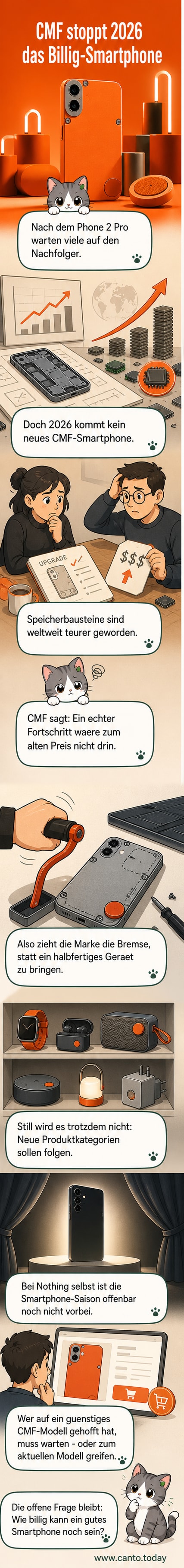 Ein minimalistisches Smartphone mit dem Schriftzug CMF liegt auf einem Tisch, daneben ein Warnschild mit einem Stoppschild und dem Text 'Pause 2026'.