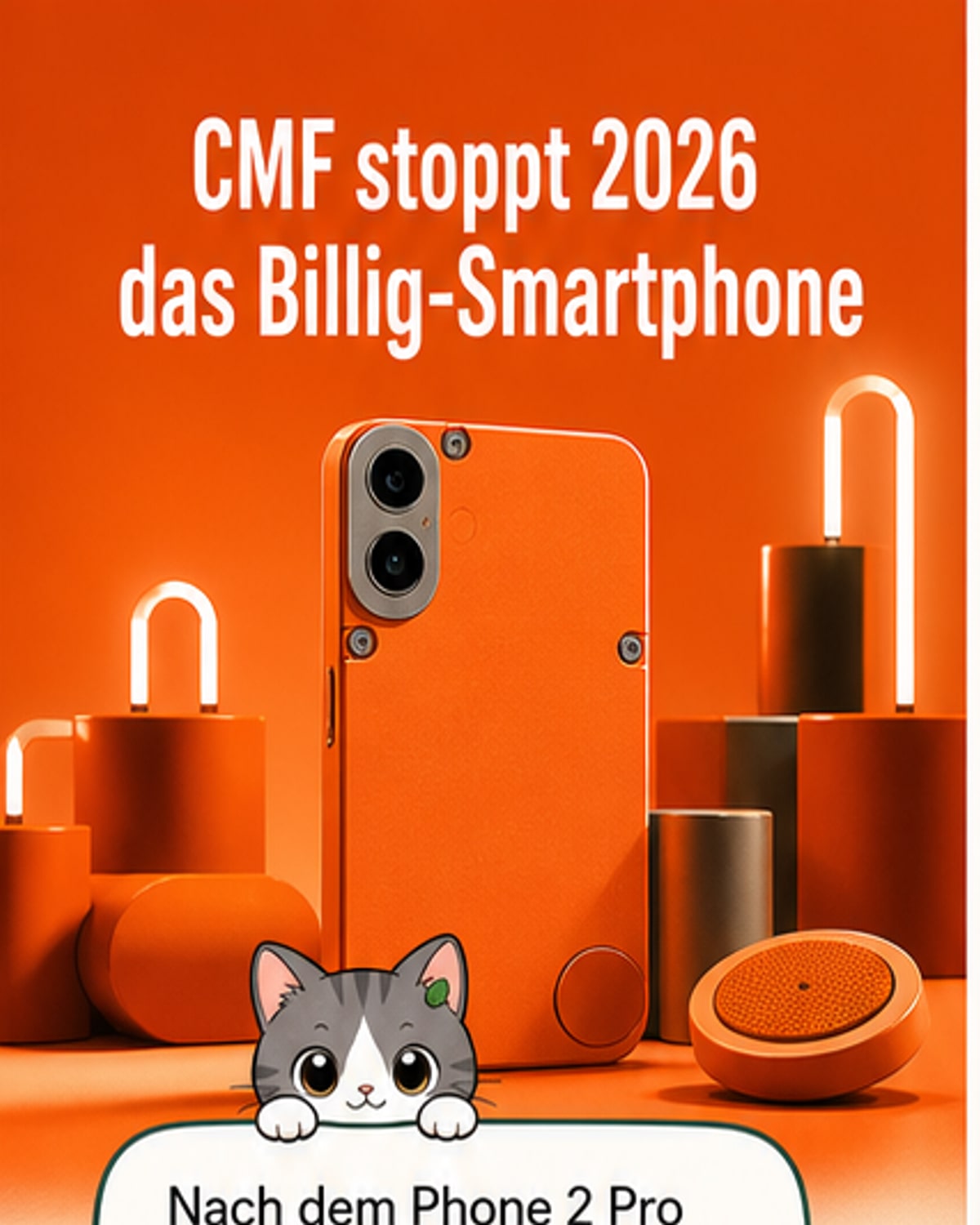 Ein minimalistisches Smartphone mit dem Schriftzug CMF liegt auf einem Tisch, daneben ein Warnschild mit einem Stoppschild und dem Text 'Pause 2026'.