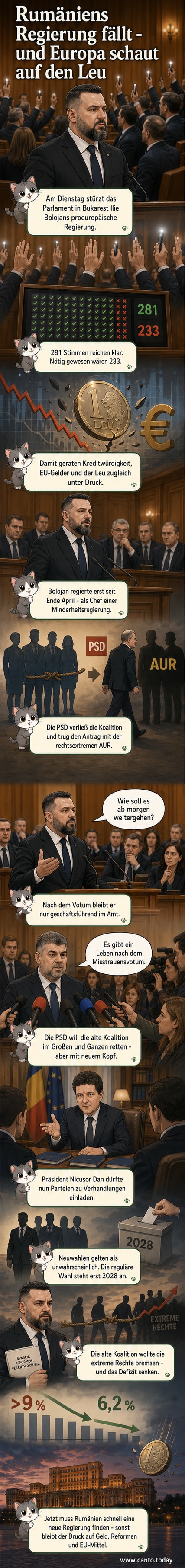Illustration eines Parlamentsgebäudes in Bukarest mit zerfallener Regierungskoalition, fallendem Wechselkurs und EU-Symbolen im Hintergrund.
