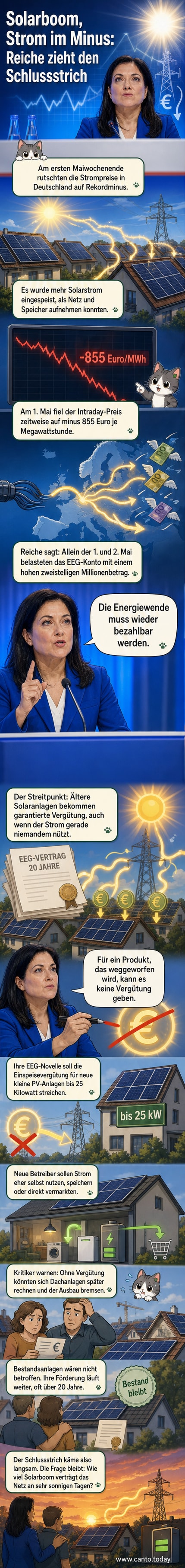 Wirtschaftsministerin Katherina Reiche spricht vor Mikrofonen, im Hintergrund eine Grafik mit fallenden Strompreisen und Solarzellen.