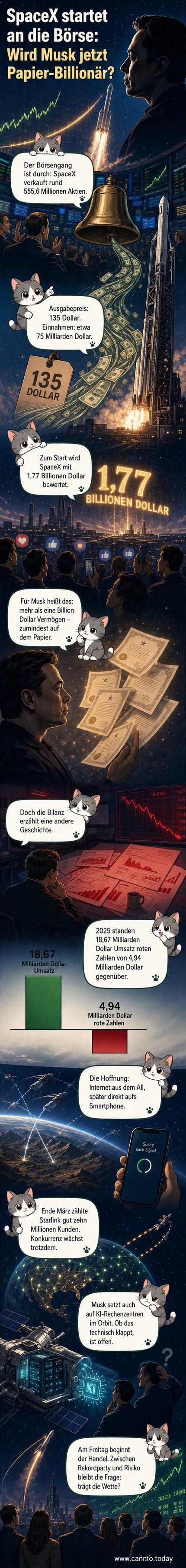 Elon Musk vor einer Rakete mit dem Logo von SpaceX, im Hintergrund ein Börsen-Chart, der stark ansteigt.
