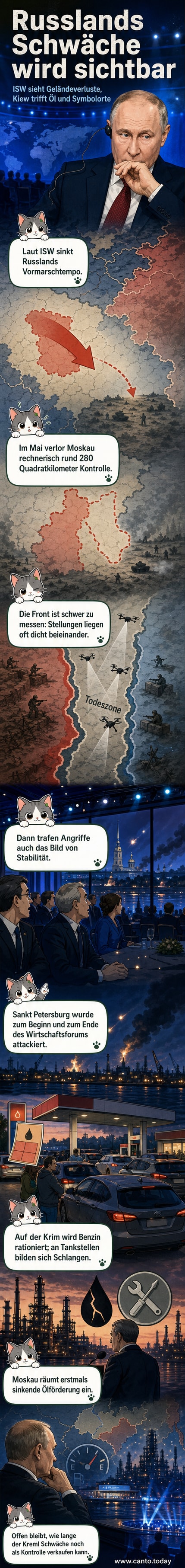 Karte mit Frontlinien im Ukraine-Krieg, die russische Geländeverluste im Mai 2026 zeigen, daneben Symbolik für Energieinfrastruktur und Drohnenangriffe.