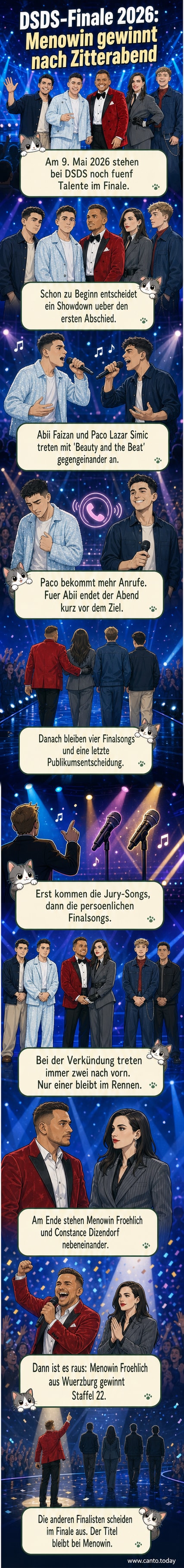 Menowin Fröhlich steht als Sieger von DSDS 2026 auf der Bühne, im Hintergrund die Finalisten Constance, Tyrell und Paco.