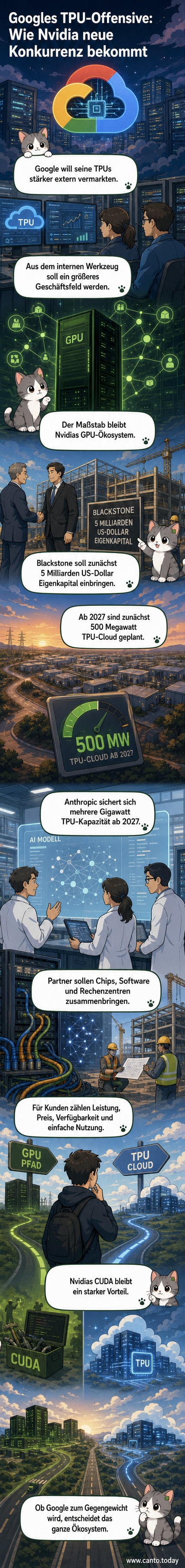 Illustration eines digitalen Wettlaufs zwischen Google und Nvidia im KI-Chip-Markt, mit TPUs, Rechenzentren und Großkunden wie Anthropic im Fokus.