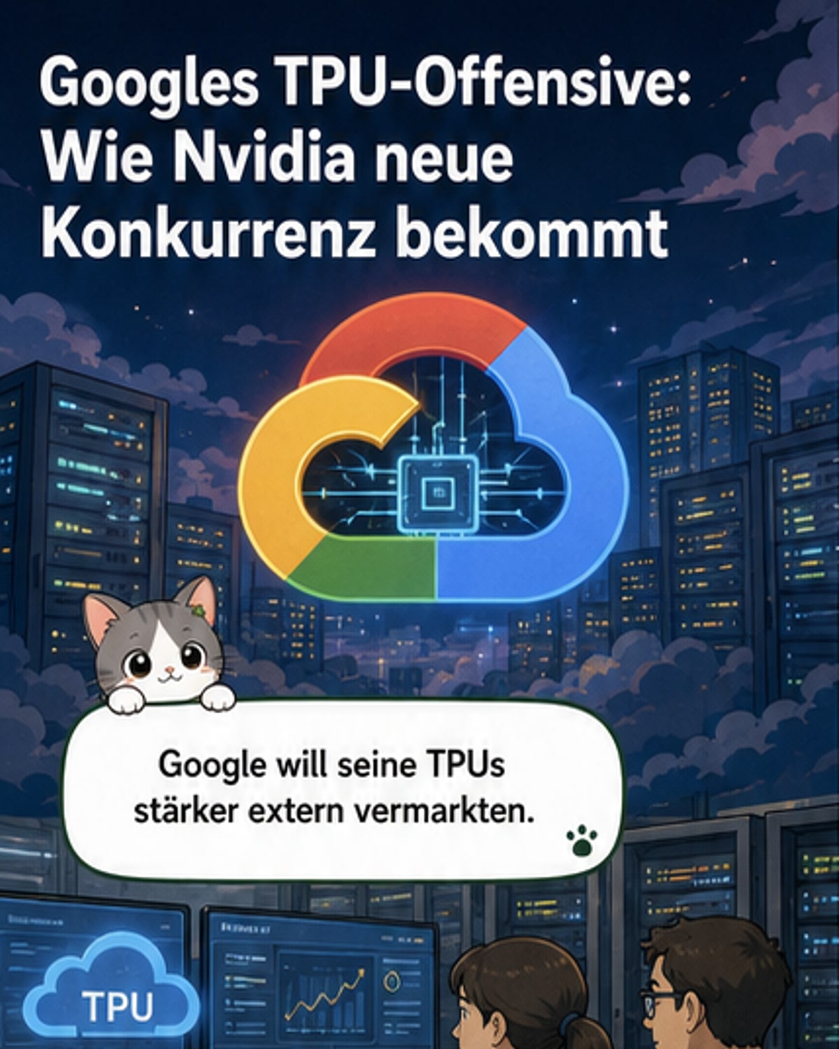 Illustration eines digitalen Wettlaufs zwischen Google und Nvidia im KI-Chip-Markt, mit TPUs, Rechenzentren und Großkunden wie Anthropic im Fokus.