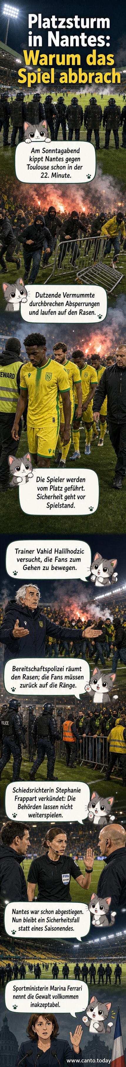 Zahlreiche vermummte Fans stürmen das Spielfeld im Stade de La Beaujoire, während Polizisten versuchen, die Ordnung wiederherzustellen.