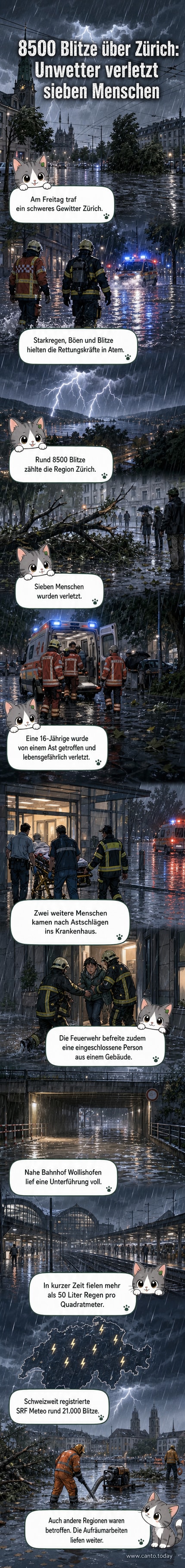 Überflutete Straße in Zürich nach schwerem Unwetter mit vielen Blitzen am Himmel.