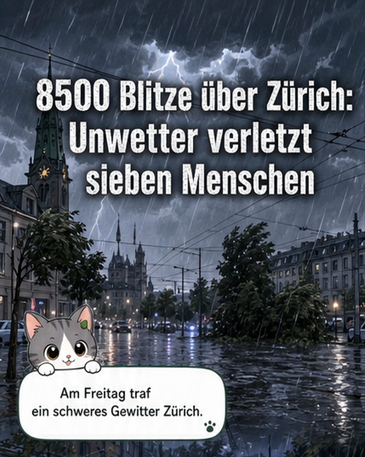 Überflutete Straße in Zürich nach schwerem Unwetter mit vielen Blitzen am Himmel.