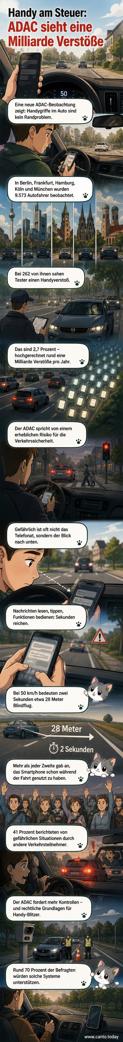 Illustration eines Autofahrers, der mit einer Hand das Lenkrad hält und mit der anderen das Handy bedient, während im Hintergrund Warnzeichen auftauchen.
