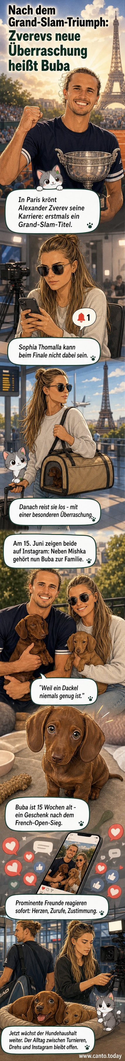 Alexander Zverev und Sophia Thomalla halten gemeinsam einen kleinen Dackelwelpen namens Buba, daneben steht ihr älterer Dackel Mishka.